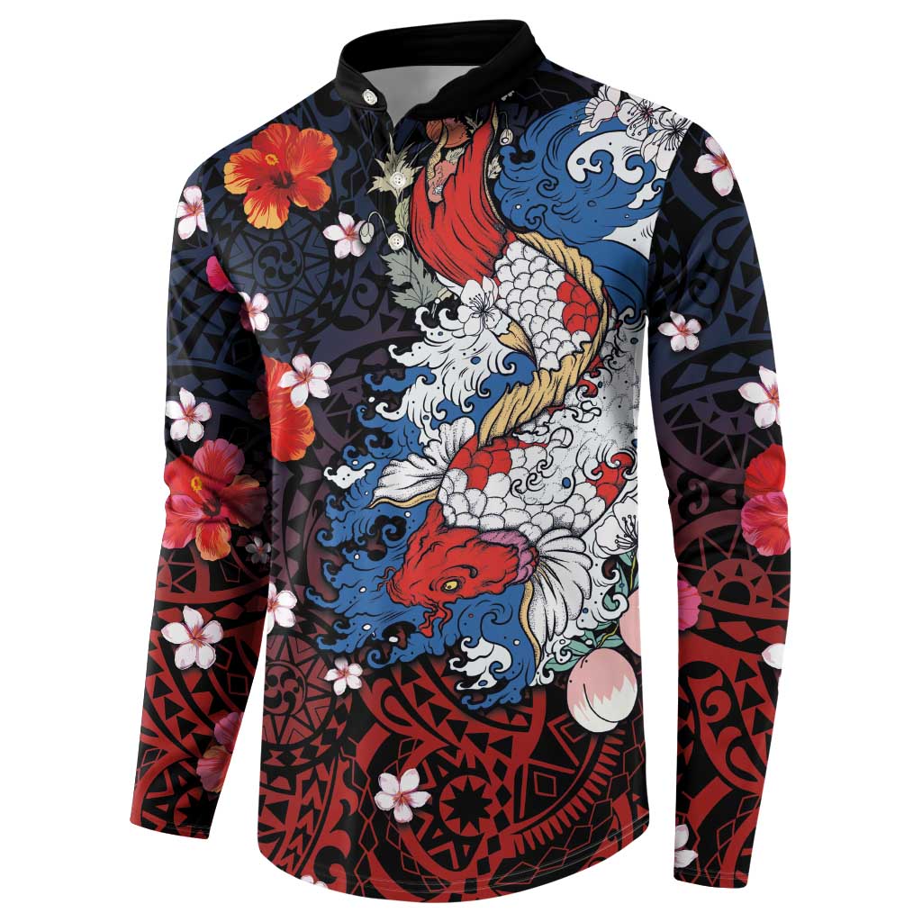 Hawaiian and Japanese Together Button Sweatshirt Hibiscus and Koi Fish Polynesian Pattern Colorful Style LT03 - Polynesian Pride
