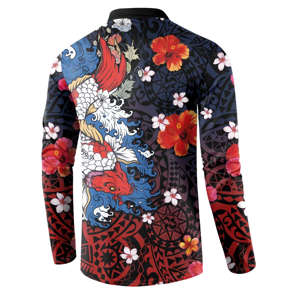 Hawaiian and Japanese Together Button Sweatshirt Hibiscus and Koi Fish Polynesian Pattern Colorful Style LT03 - Polynesian Pride