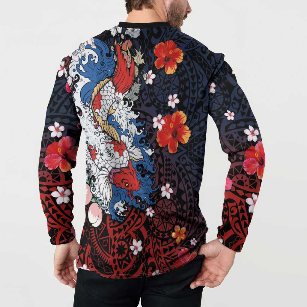 Hawaiian and Japanese Together Button Sweatshirt Hibiscus and Koi Fish Polynesian Pattern Colorful Style LT03 - Polynesian Pride