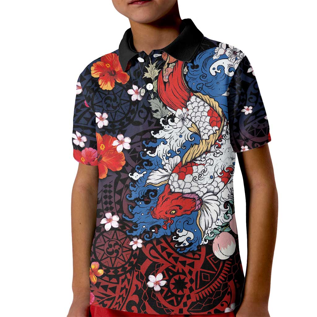 Hawaiian and Japanese Together Kid Polo Shirt Hibiscus and Koi Fish Polynesian Pattern Colorful Style LT03 Kid Red - Polynesian Pride