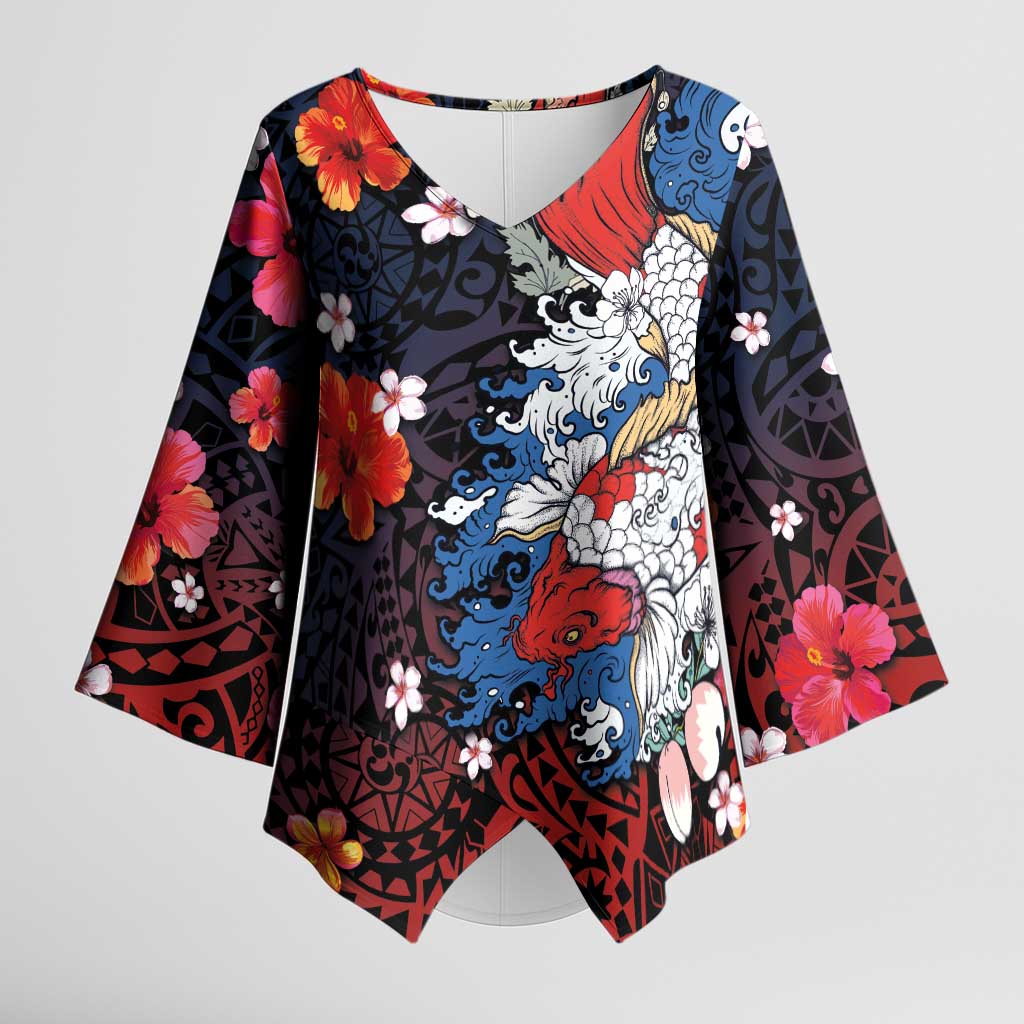 Hawaiian and Japanese Together Kimono Sleeve Blouse Hibiscus and Koi Fish Polynesian Pattern Colorful Style LT03 Female Red - Polynesian Pride