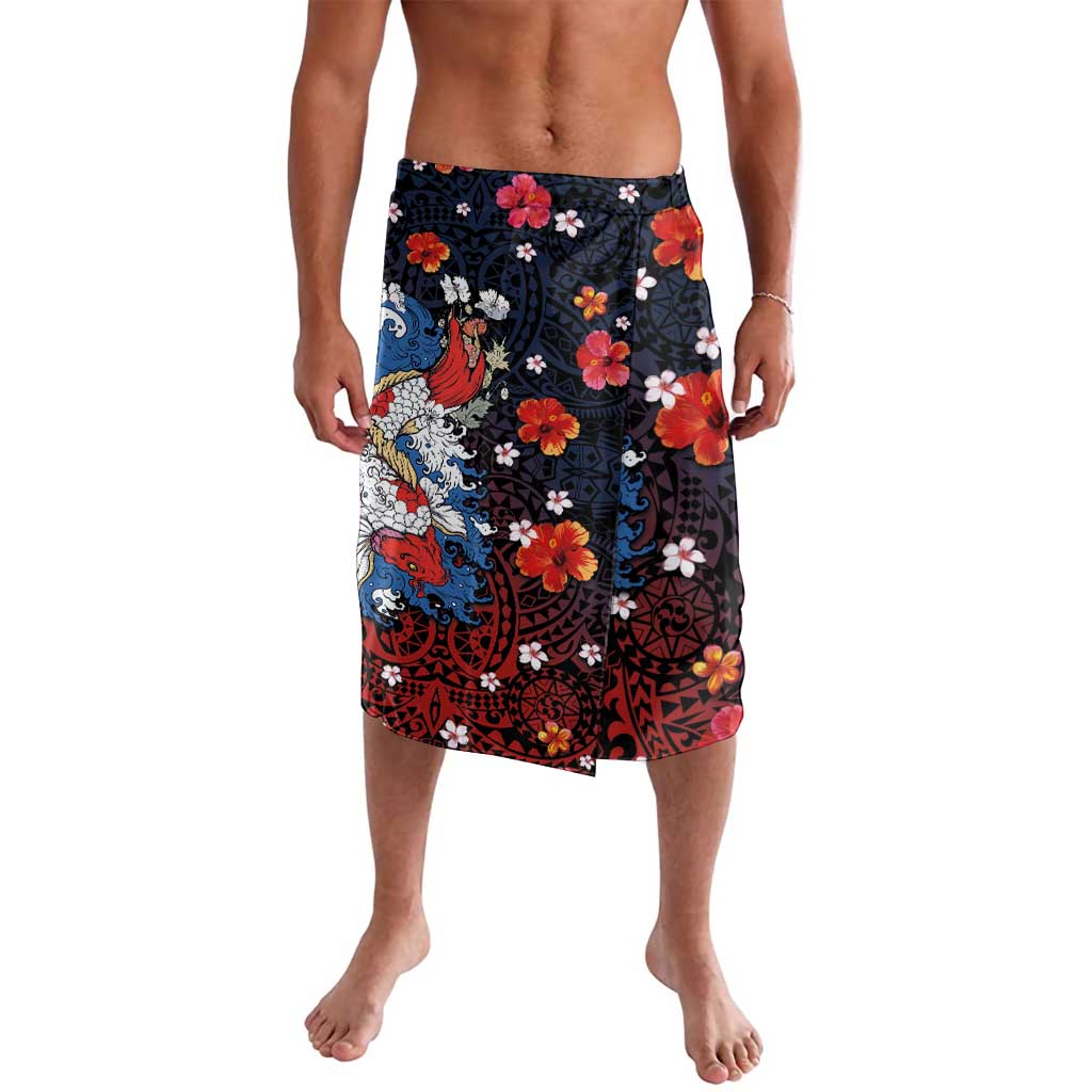 Hawaiian and Japanese Together Lavalava Hibiscus and Koi Fish Polynesian Pattern Colorful Style