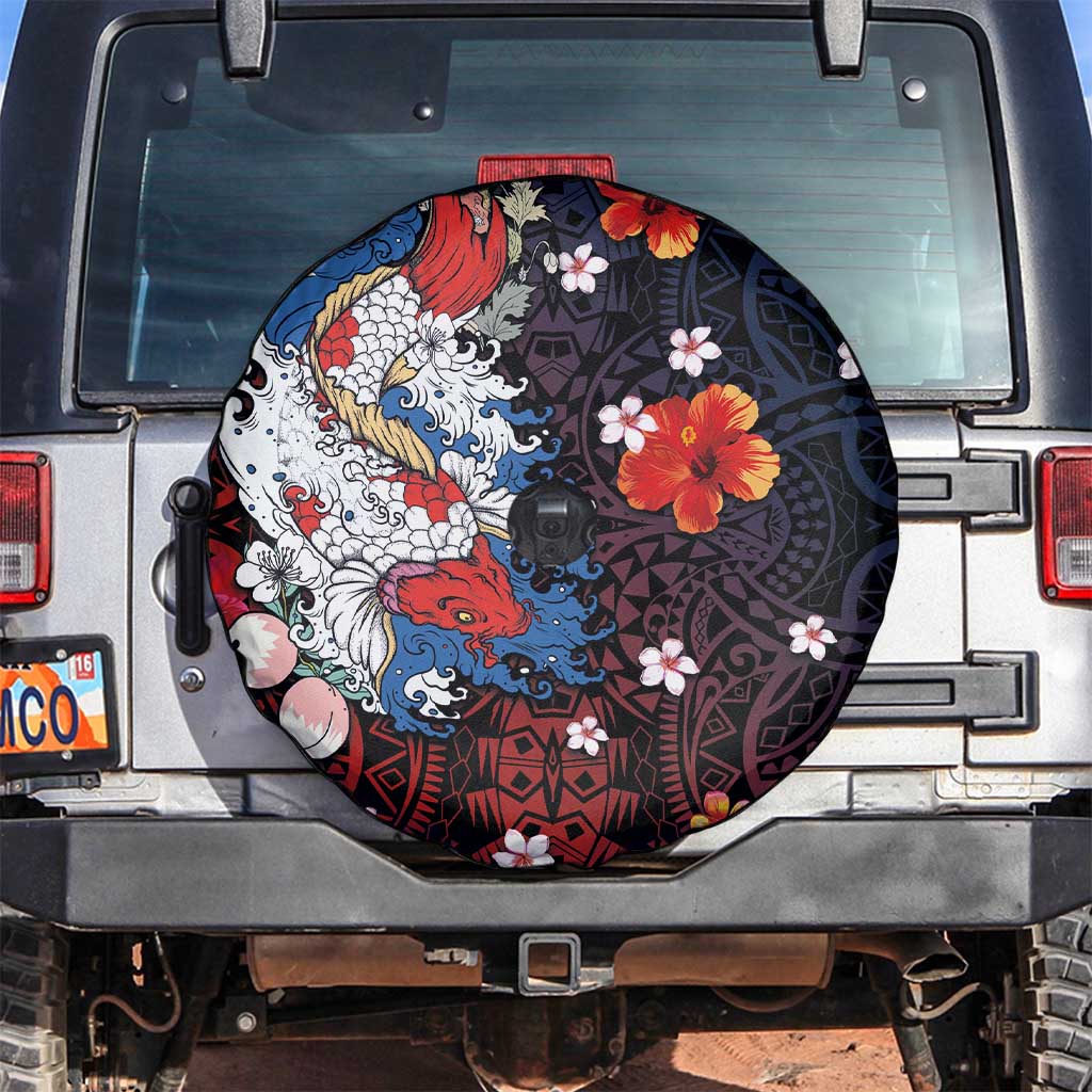 Hawaiian and Japanese Together Spare Tire Cover Hibiscus and Koi Fish Polynesian Pattern Colorful Style