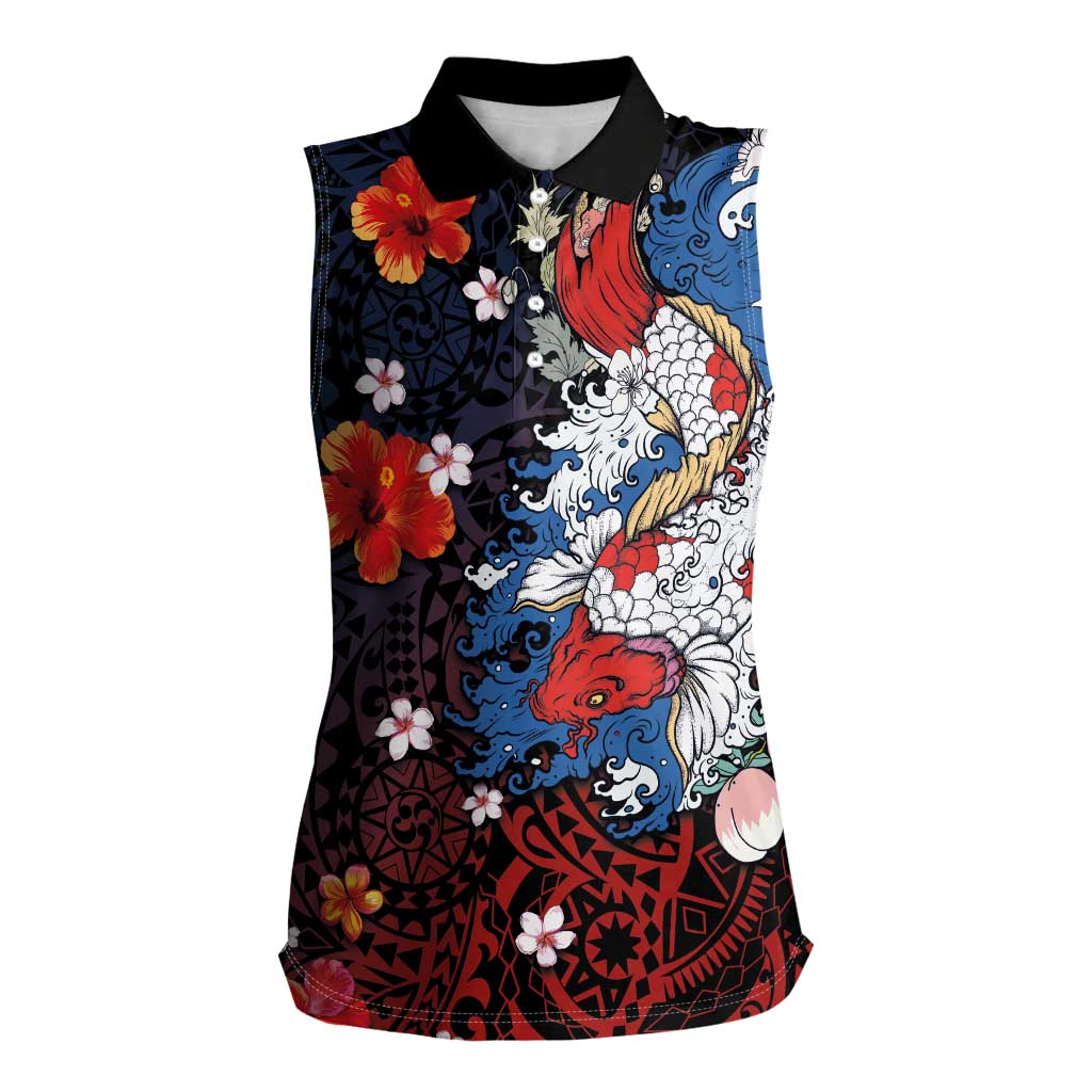 Hawaiian and Japanese Together Women Sleeveless Polo Shirt Hibiscus and Koi Fish Polynesian Pattern Colorful Style