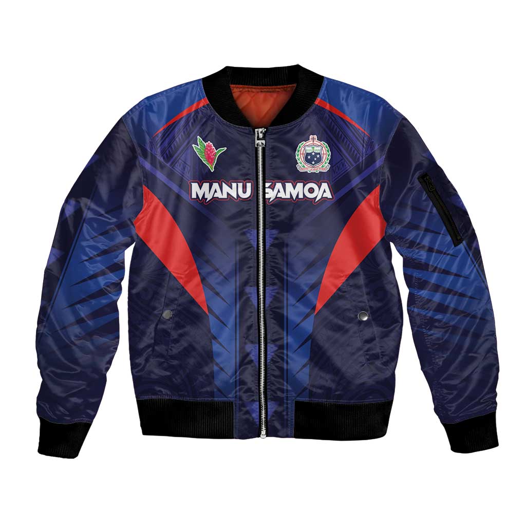 Custom Rugby Samoa Sleeve Zip Bomber Jacket Siva Tau Spirit Sporty Vibes LT03 Unisex Navy - Polynesian Pride