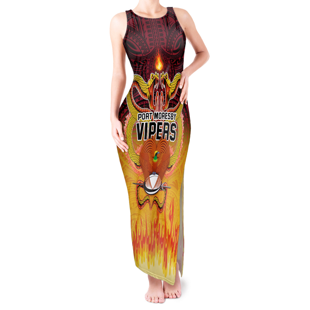 PNG Port Moresby Vipers Rugby Tank Maxi Dress Fire Vipers Mix PNG Bird Polynesian Tattoo LT03 Women Yellow - Polynesian Pride