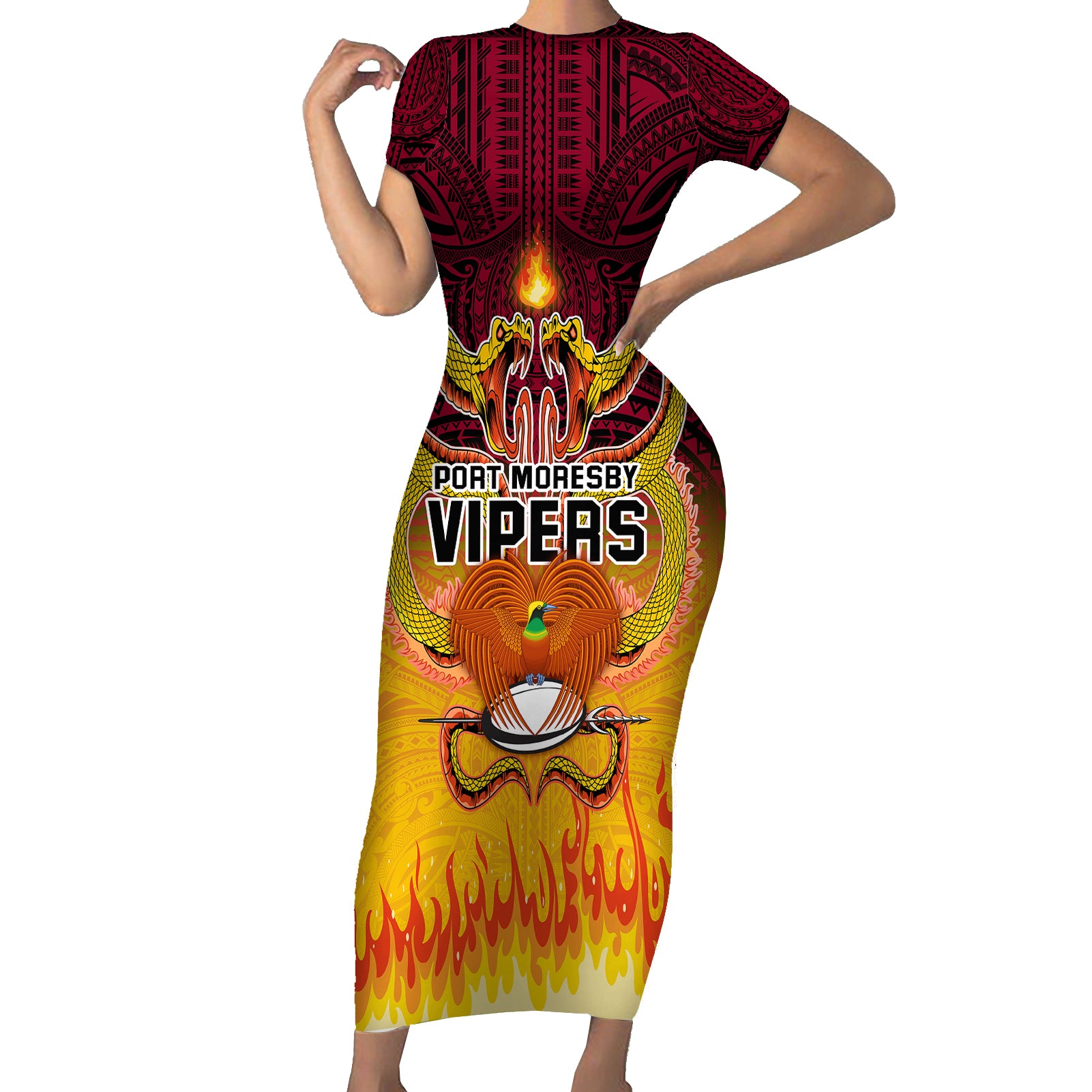 Custom PNG Port Moresby Vipers Rugby Short Sleeve Bodycon Dress Fire Vipers Mix PNG Bird Polynesian Tattoo LT03 Long Dress Yellow - Polynesian Pride