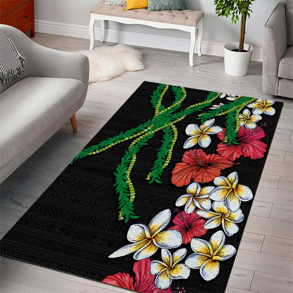 Hawaiian Tropical Flowers and Maile Pikake Area Rug Polynesian Tribal Pattern Black Color LT03 - Polynesian Pride
