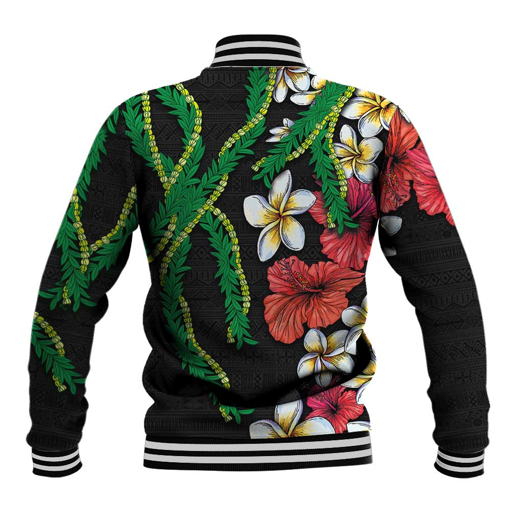 Hawaiian Tropical Flowers and Maile Pikake Baseball Jacket Polynesian Tribal Pattern Black Color LT03 - Polynesian Pride