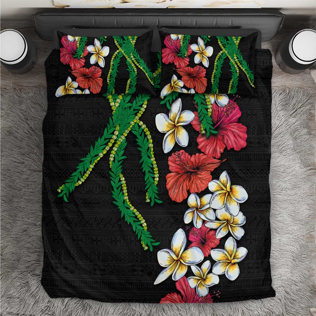 Hawaiian Tropical Flowers and Maile Pikake Bedding Set Polynesian Tribal Pattern Black Color LT03 Black - Polynesian Pride