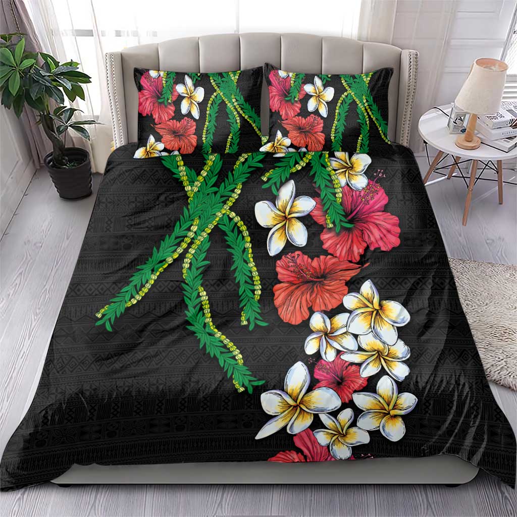 Hawaiian Tropical Flowers and Maile Pikake Bedding Set Polynesian Tribal Pattern Black Color LT03 - Polynesian Pride