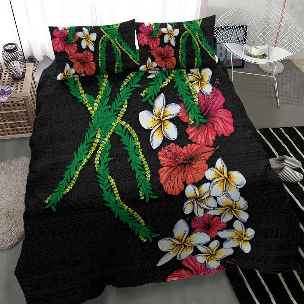 Hawaiian Tropical Flowers and Maile Pikake Bedding Set Polynesian Tribal Pattern Black Color LT03 - Polynesian Pride