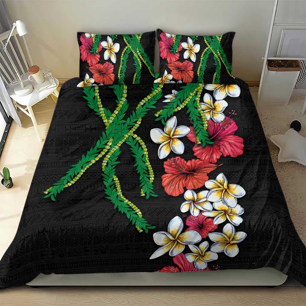 Hawaiian Tropical Flowers and Maile Pikake Bedding Set Polynesian Tribal Pattern Black Color LT03 - Polynesian Pride