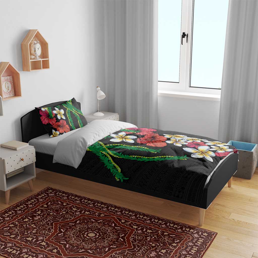 Hawaiian Tropical Flowers and Maile Pikake Bedding Set Polynesian Tribal Pattern Black Color LT03 - Polynesian Pride