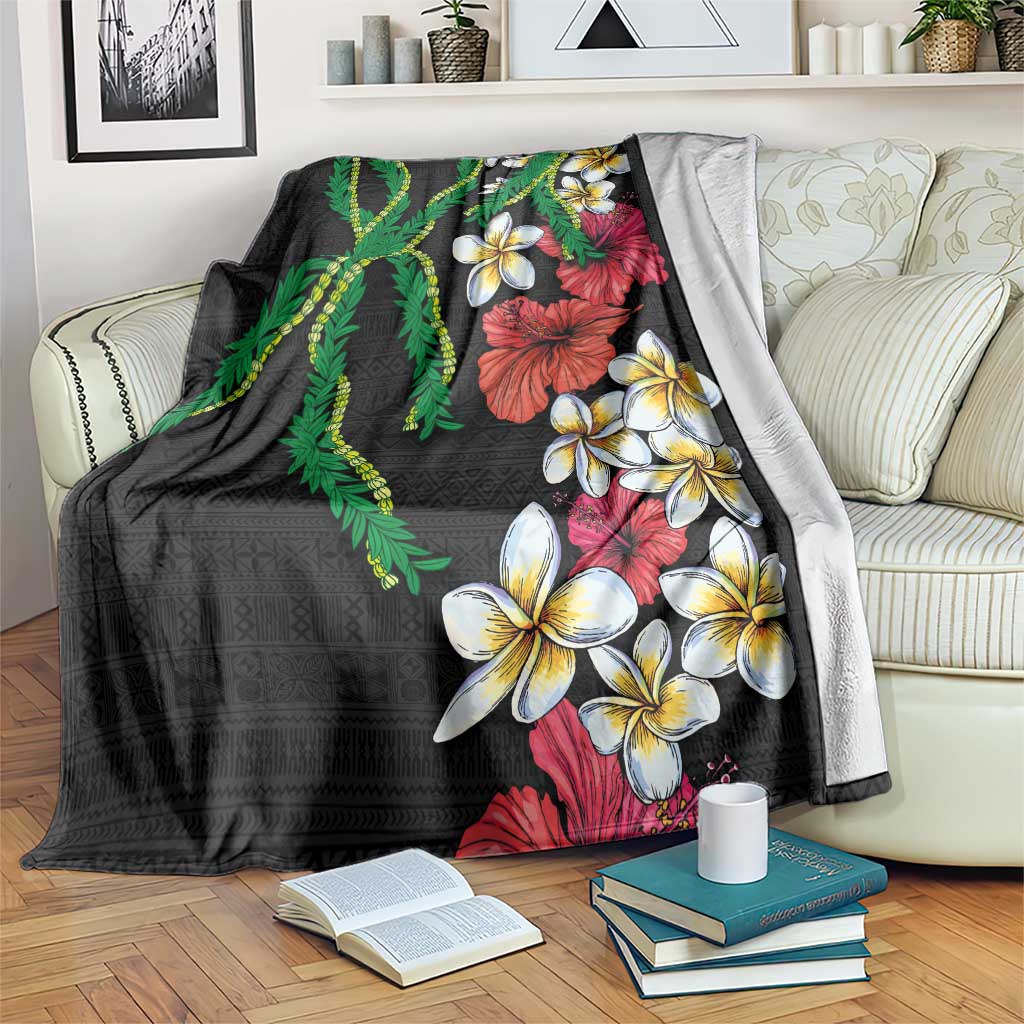 Hawaiian Tropical Flowers and Maile Pikake Blanket Polynesian Tribal Pattern Black Color LT03 Black - Polynesian Pride