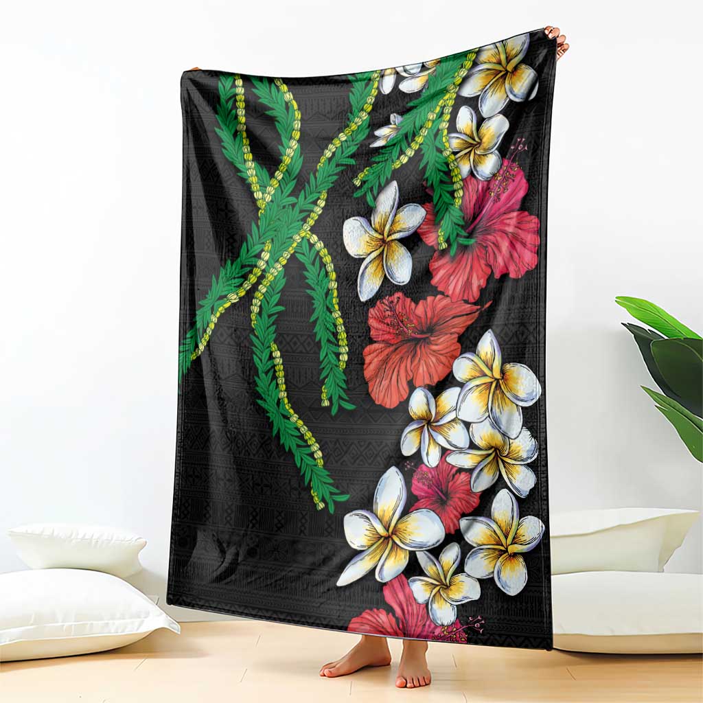 Hawaiian Tropical Flowers and Maile Pikake Blanket Polynesian Tribal Pattern Black Color LT03 - Polynesian Pride