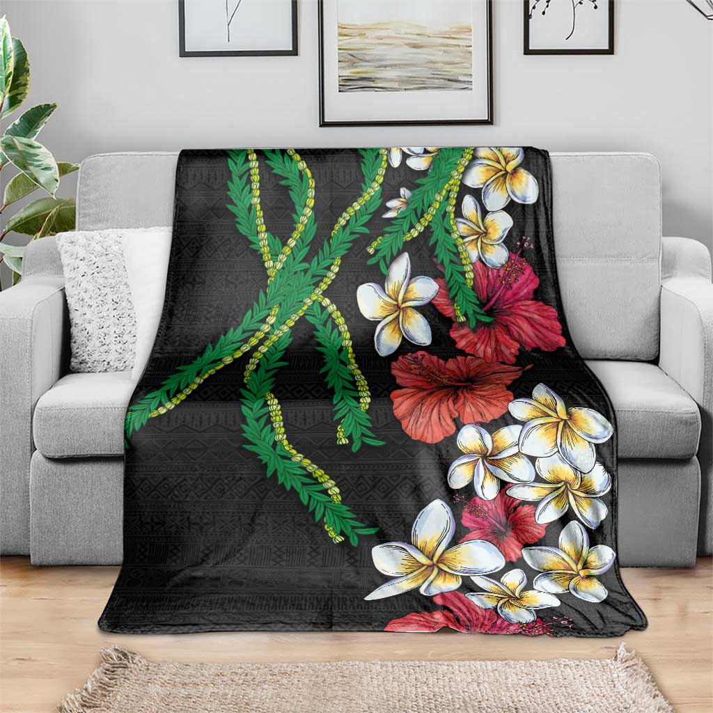 Hawaiian Tropical Flowers and Maile Pikake Blanket Polynesian Tribal Pattern Black Color LT03 - Polynesian Pride