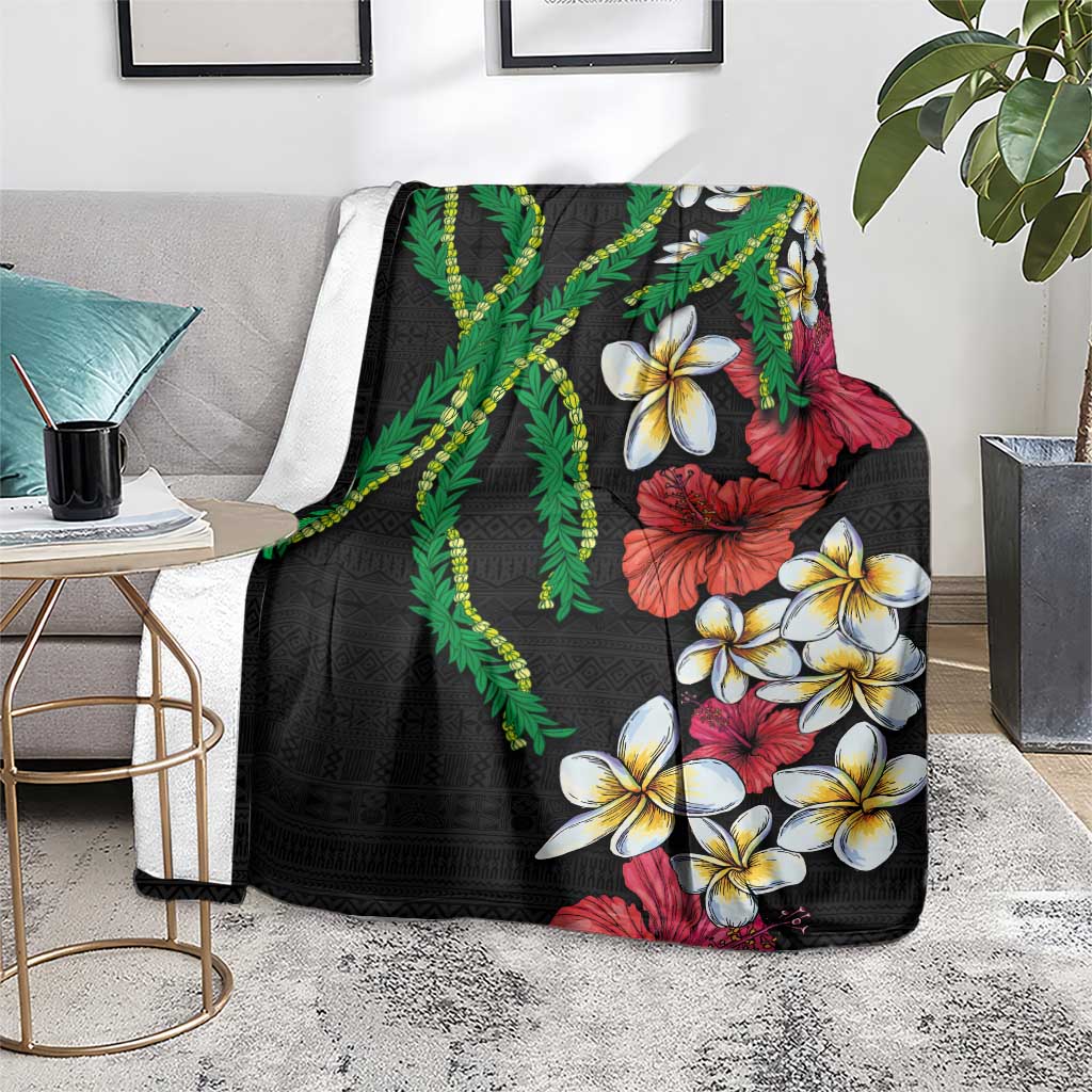 Hawaiian Tropical Flowers and Maile Pikake Blanket Polynesian Tribal Pattern Black Color LT03 - Polynesian Pride