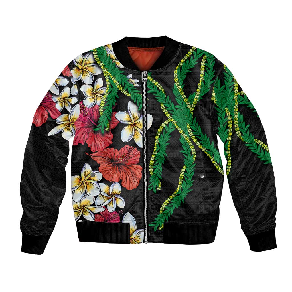 Hawaiian Tropical Flowers and Maile Pikake Bomber Jacket Polynesian Tribal Pattern Black Color LT03 Unisex Black - Polynesian Pride