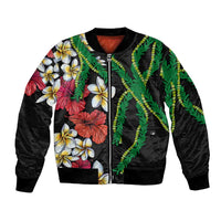 Hawaiian Tropical Flowers and Maile Pikake Bomber Jacket Polynesian Tribal Pattern Black Color LT03 Unisex Black - Polynesian Pride