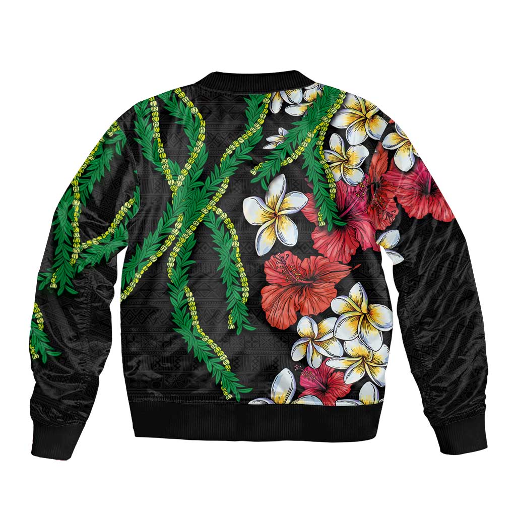 Hawaiian Tropical Flowers and Maile Pikake Bomber Jacket Polynesian Tribal Pattern Black Color LT03 - Polynesian Pride