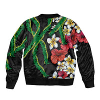 Hawaiian Tropical Flowers and Maile Pikake Bomber Jacket Polynesian Tribal Pattern Black Color LT03 - Polynesian Pride