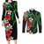 Hawaiian Tropical Flowers and Maile Pikake Couples Matching Long Sleeve Bodycon Dress and Long Sleeve Button Shirt Polynesian Tribal Pattern Black Color