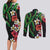 Hawaiian Tropical Flowers and Maile Pikake Couples Matching Long Sleeve Bodycon Dress and Long Sleeve Button Shirt Polynesian Tribal Pattern Black Color