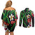 Hawaiian Tropical Flowers and Maile Pikake Couples Matching Off Shoulder Short Dress and Long Sleeve Button Shirt Polynesian Tribal Pattern Black Color LT03