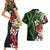 Hawaiian Tropical Flowers and Maile Pikake Couples Matching Short Sleeve Bodycon Dress and Hawaiian Shirt Polynesian Tribal Pattern Black Color