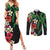 Hawaiian Tropical Flowers and Maile Pikake Couples Matching Summer Maxi Dress and Long Sleeve Button Shirt Polynesian Tribal Pattern Black Color