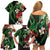 Hawaiian Tropical Flowers and Maile Pikake Family Matching Off Shoulder Short Dress and Hawaiian Shirt Polynesian Tribal Pattern Black Color LT03