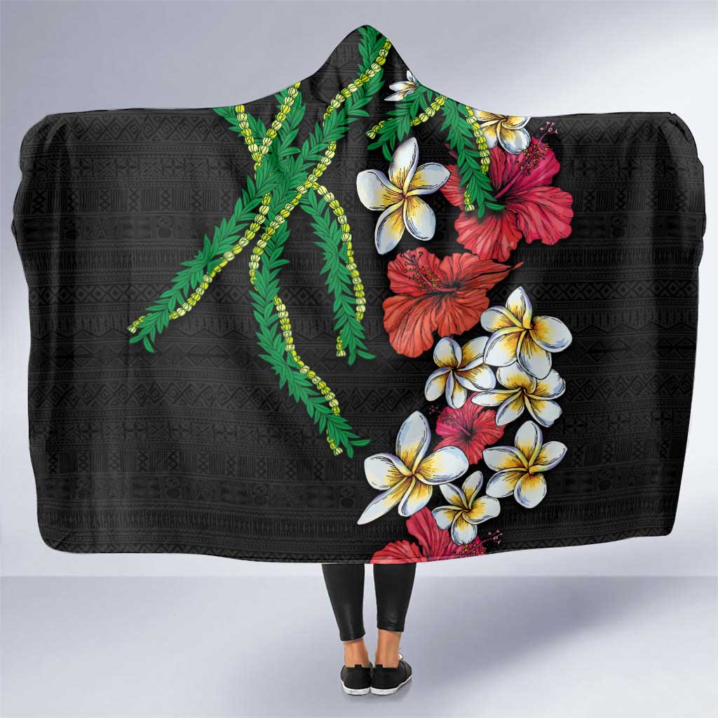 Hawaiian Tropical Flowers and Maile Pikake Hooded Blanket Polynesian Tribal Pattern Black Color LT03 One Size Black - Polynesian Pride