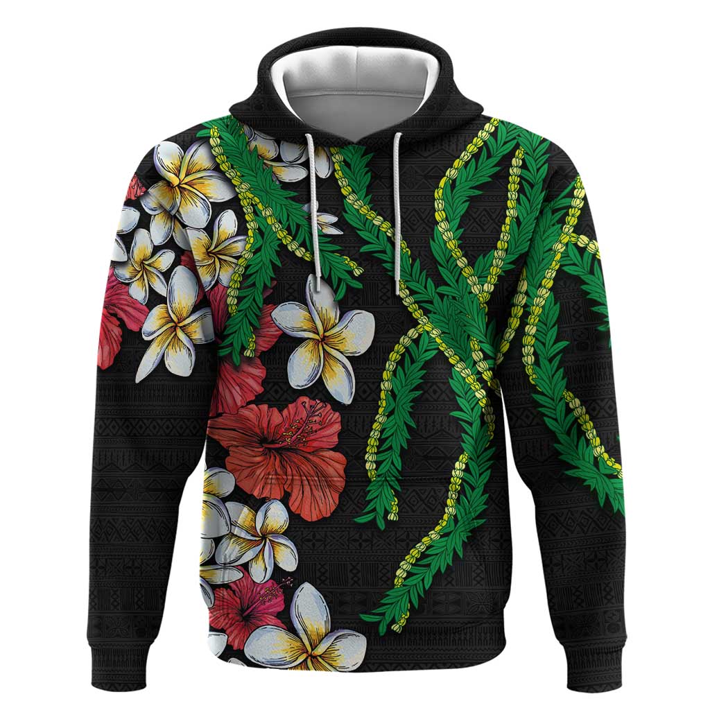 Hawaiian Tropical Flowers and Maile Pikake Hoodie Polynesian Tribal Pattern Black Color