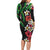 Hawaiian Tropical Flowers and Maile Pikake Long Sleeve Bodycon Dress Polynesian Tribal Pattern Black Color