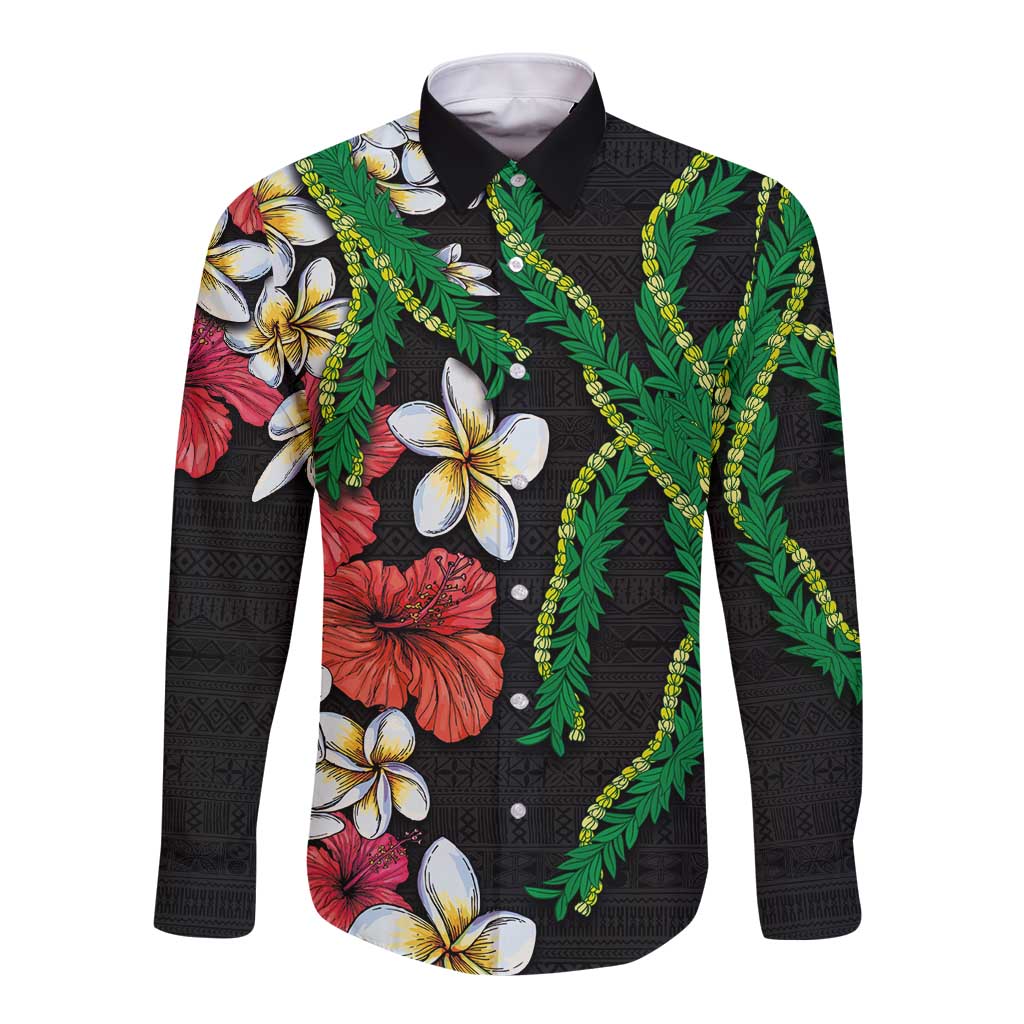 Hawaiian Tropical Flowers and Maile Pikake Long Sleeve Button Shirt Polynesian Tribal Pattern Black Color LT03 Unisex Black - Polynesian Pride