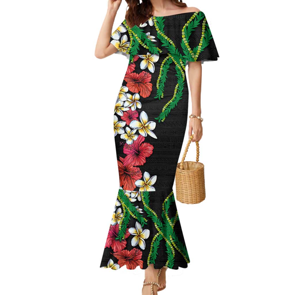 Hawaiian Tropical Flowers and Maile Pikake Mermaid Dress Polynesian Tribal Pattern Black Color LT03 Women Black - Polynesian Pride
