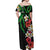 Hawaiian Tropical Flowers and Maile Pikake Off Shoulder Maxi Dress Polynesian Tribal Pattern Black Color