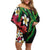 Hawaiian Tropical Flowers and Maile Pikake Off Shoulder Short Dress Polynesian Tribal Pattern Black Color LT03