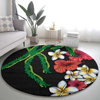 Hawaiian Tropical Flowers and Maile Pikake Round Carpet Polynesian Tribal Pattern Black Color LT03 - Polynesian Pride