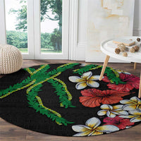 Hawaiian Tropical Flowers and Maile Pikake Round Carpet Polynesian Tribal Pattern Black Color LT03 - Polynesian Pride