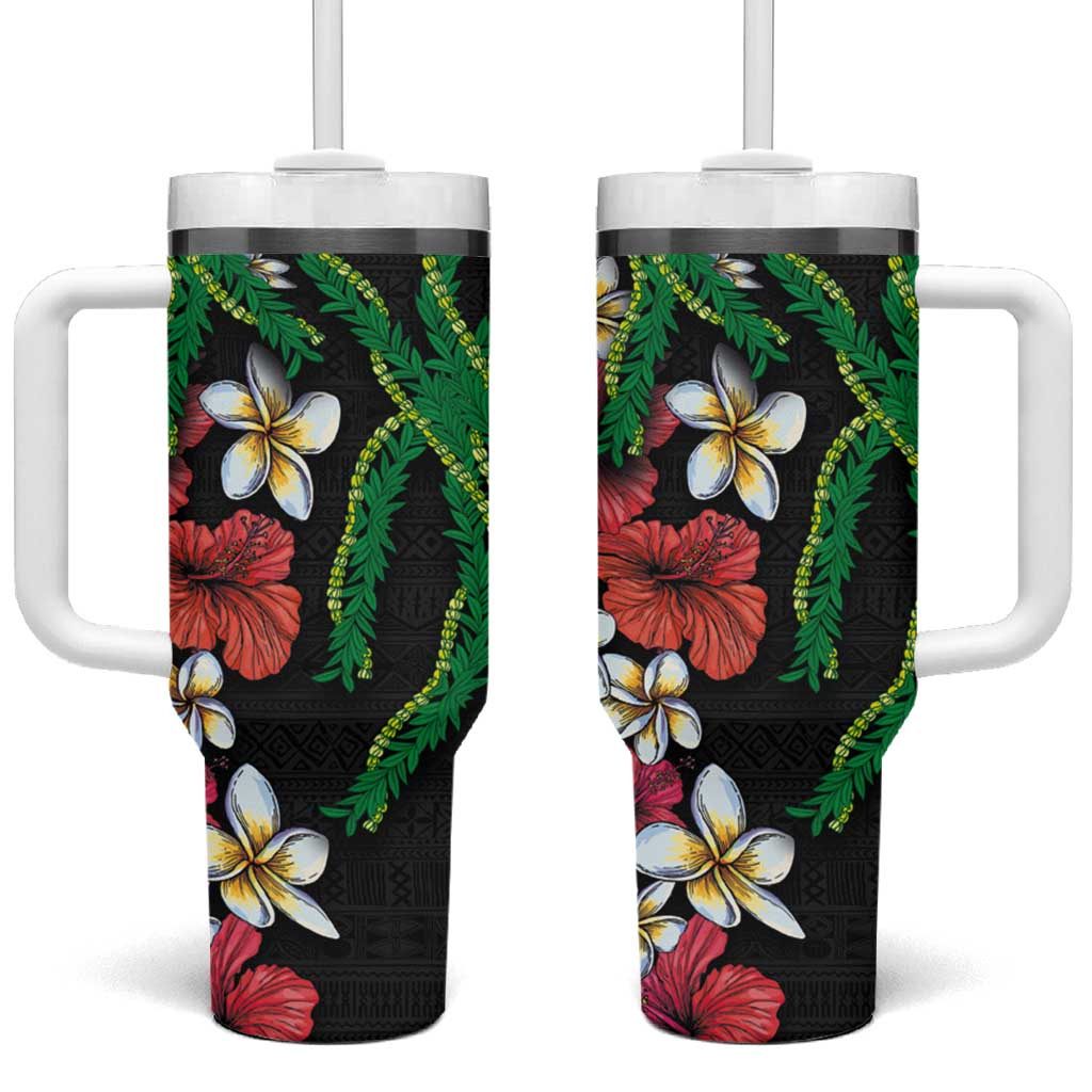 Hawaiian Tropical Flowers and Maile Pikake Tumbler With Handle Polynesian Tribal Pattern Black Color LT03 One Size: 40 oz Black - Polynesian Pride