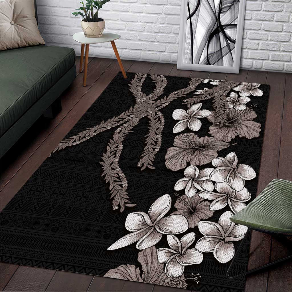 Hawaiian Tropical Flowers and Maile Pikake Area Rug Polynesian Tribal Pattern Grayscale Mode LT03 Black - Polynesian Pride