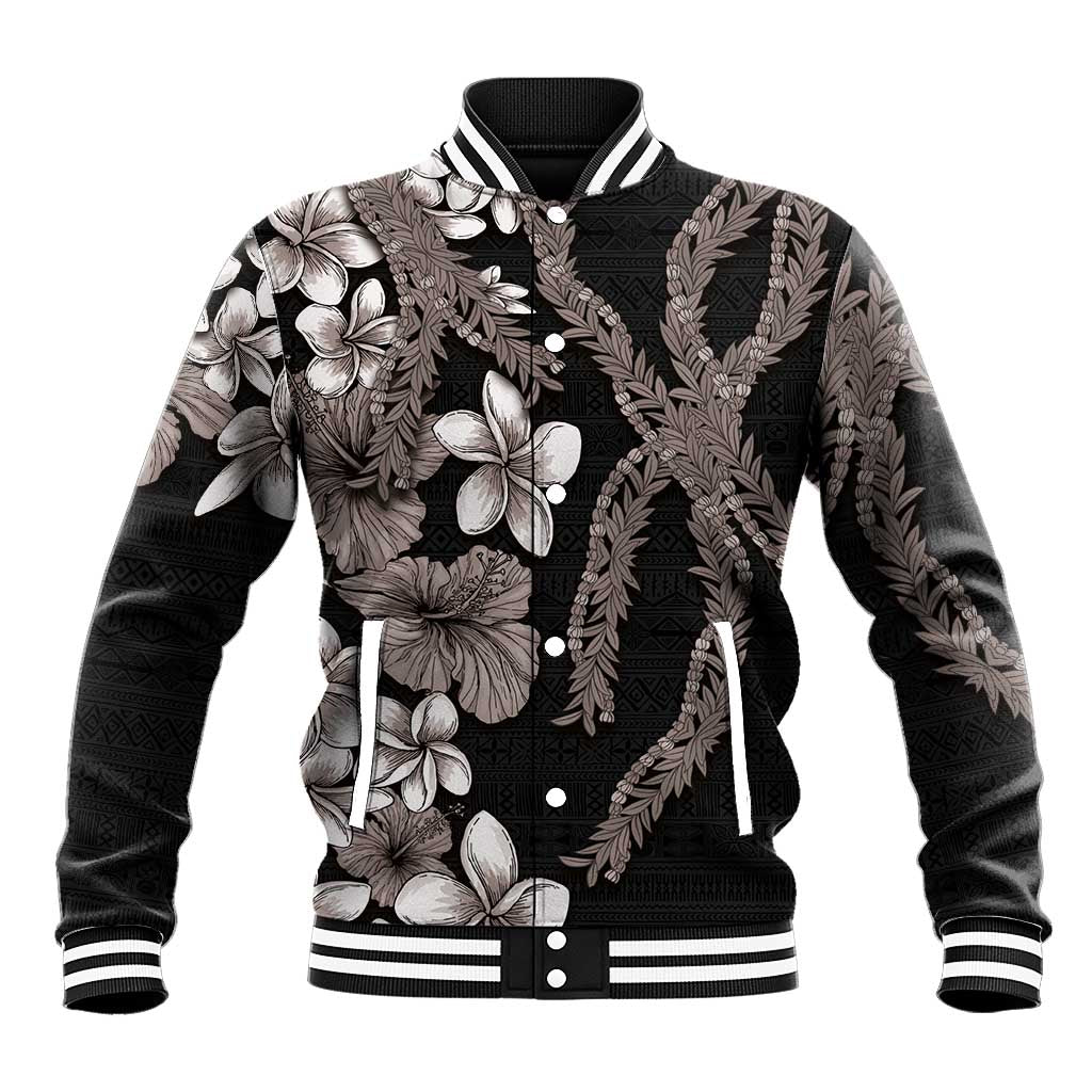 Hawaiian Tropical Flowers and Maile Pikake Baseball Jacket Polynesian Tribal Pattern Grayscale Mode LT03 Unisex Black - Polynesian Pride