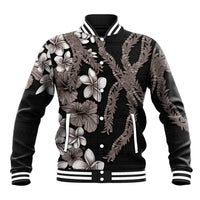 Hawaiian Tropical Flowers and Maile Pikake Baseball Jacket Polynesian Tribal Pattern Grayscale Mode LT03 Unisex Black - Polynesian Pride