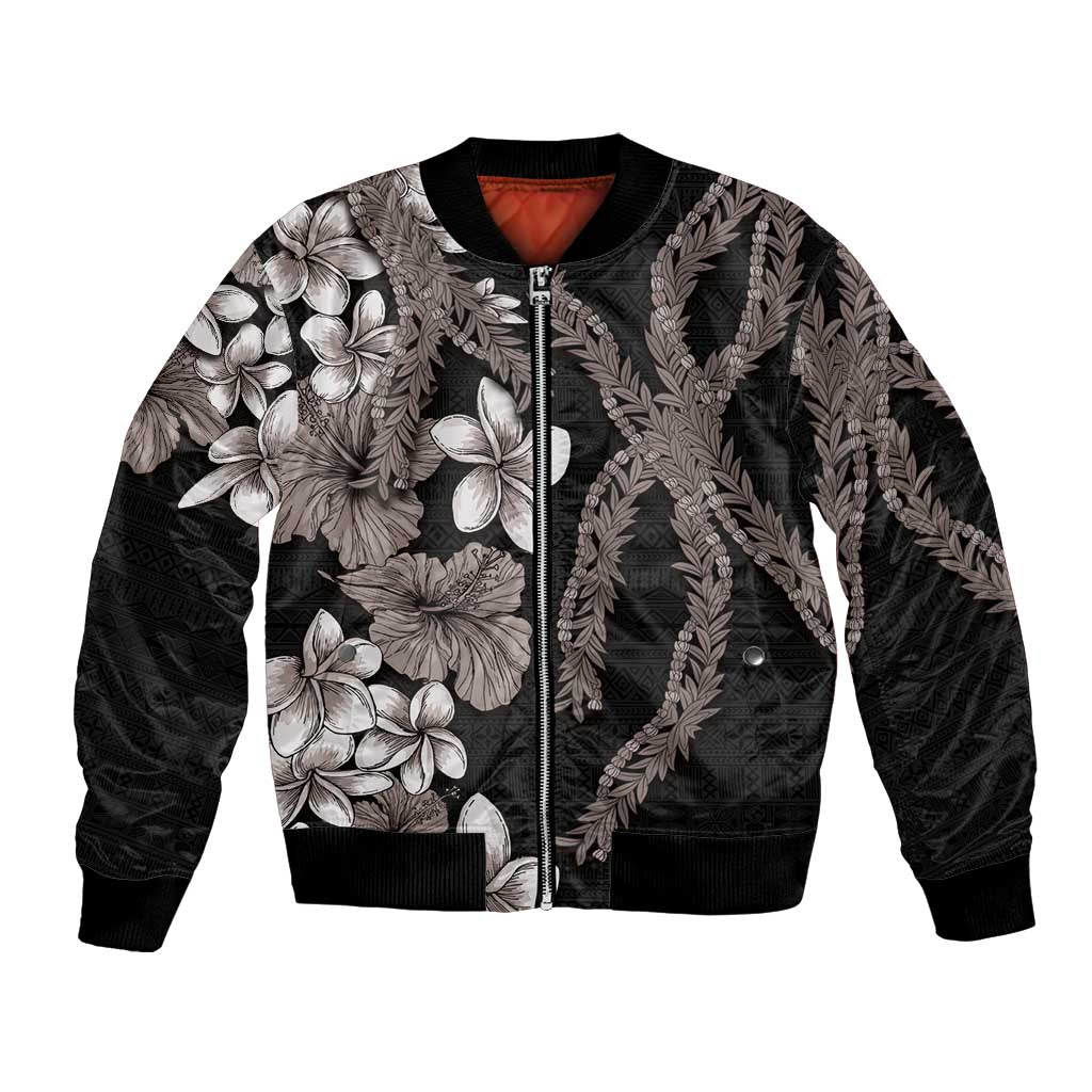 Hawaiian Tropical Flowers and Maile Pikake Bomber Jacket Polynesian Tribal Pattern Grayscale Mode LT03 Unisex Black - Polynesian Pride