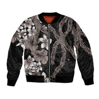 Hawaiian Tropical Flowers and Maile Pikake Bomber Jacket Polynesian Tribal Pattern Grayscale Mode LT03 Unisex Black - Polynesian Pride