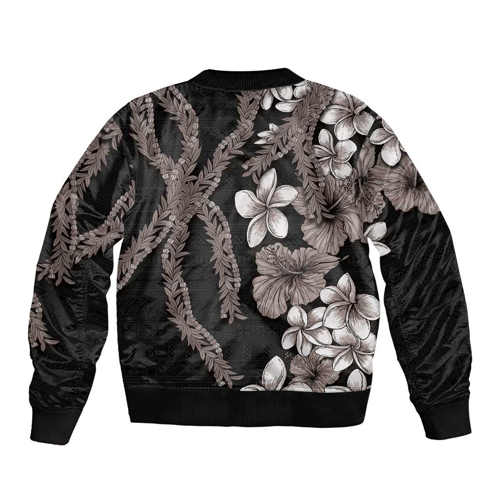 Hawaiian Tropical Flowers and Maile Pikake Bomber Jacket Polynesian Tribal Pattern Grayscale Mode LT03 - Polynesian Pride