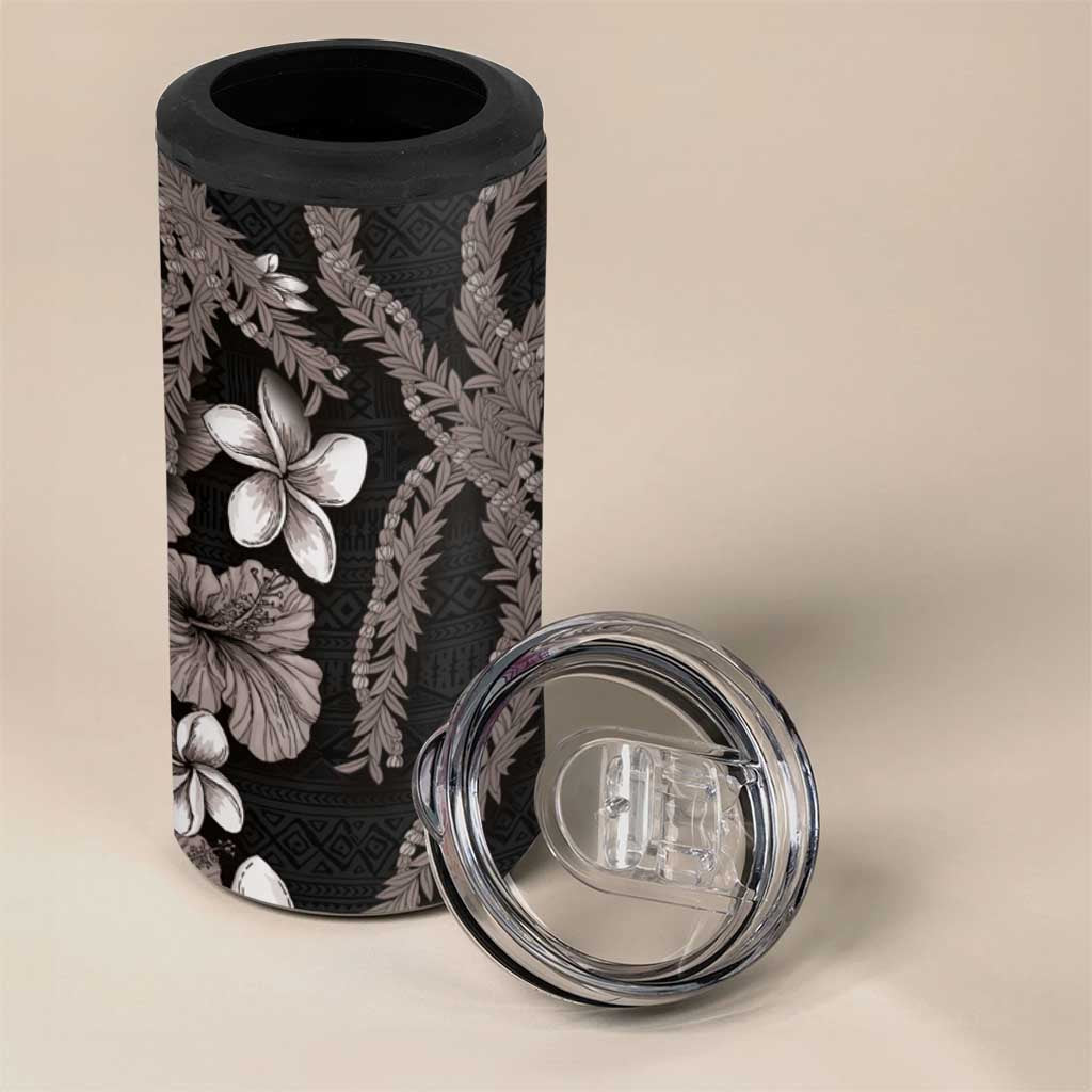 Hawaiian Tropical Flowers and Maile Pikake 4 in 1 Can Cooler Tumbler Polynesian Tribal Pattern Grayscale Mode LT03 - Polynesian Pride