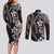 Hawaiian Tropical Flowers and Maile Pikake Couples Matching Long Sleeve Bodycon Dress and Long Sleeve Button Shirt Polynesian Tribal Pattern Grayscale Mode